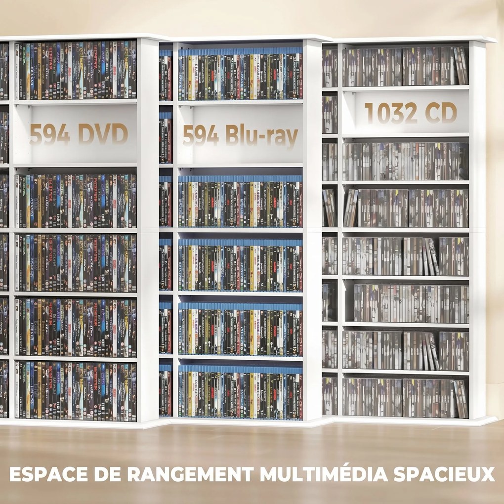 Móvel de arrumação 145 (L) x 24 (P) x 126,3 (A) cm para 1032 CDs / 594 DVDs, estante multimédia, 24 compartimentos e 18 prateleiras ajustáveis, branco