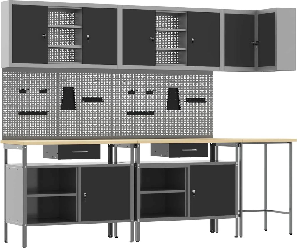 vidaXL Conjunto de Armários de Trabalho Manual 10 pcs Preto e Cinza