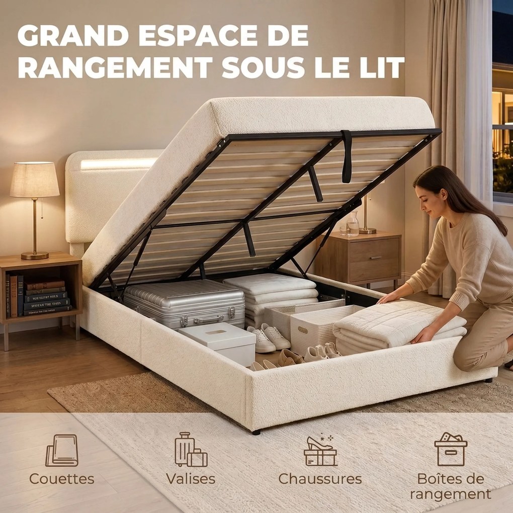 Cama de Casal com Arrumação, 199 x 154 x 108 cm (COLCHÃO NÃO INCLUIDO), Iluminação LED RGB, Creme