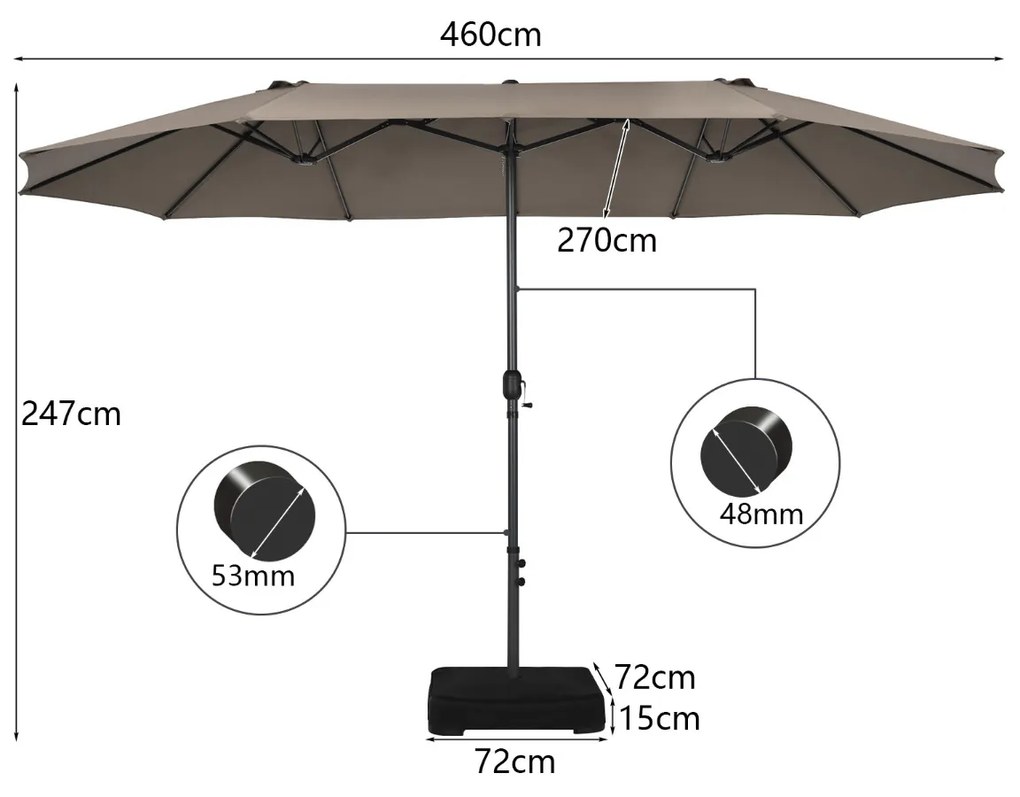 Guarda-sol duplo jardim 4,6 x 2,7 m com manivela e Base areia Estrutura com 12 varetas para jardim Café