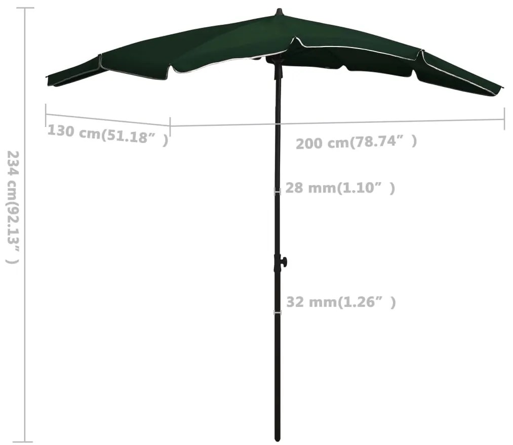 Guarda-sol de jardim com poste 200x130 cm verde