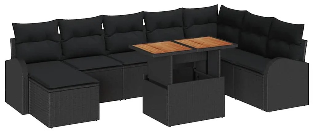 Conjunto de Jantar de Jardim 9 Peças com Almofadas Preto de Rattan Pol