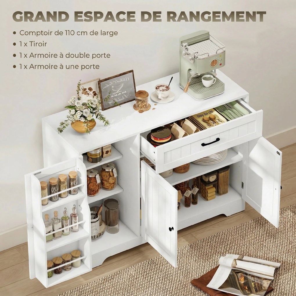Armário de cozinha 110 x 40 x 80 cm, móvel de arrumação com gaveta, 3 portas com fecho suave, suportes para copos e prateleiras ajustáveis, branco