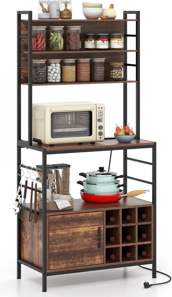Armario de cozinha 80 x 40 x 170 cm com 2 tomada e 2 portas USB, com ganchos e prateleiras para garrafas de vinho 80 x 40 x 170 cm Castanho