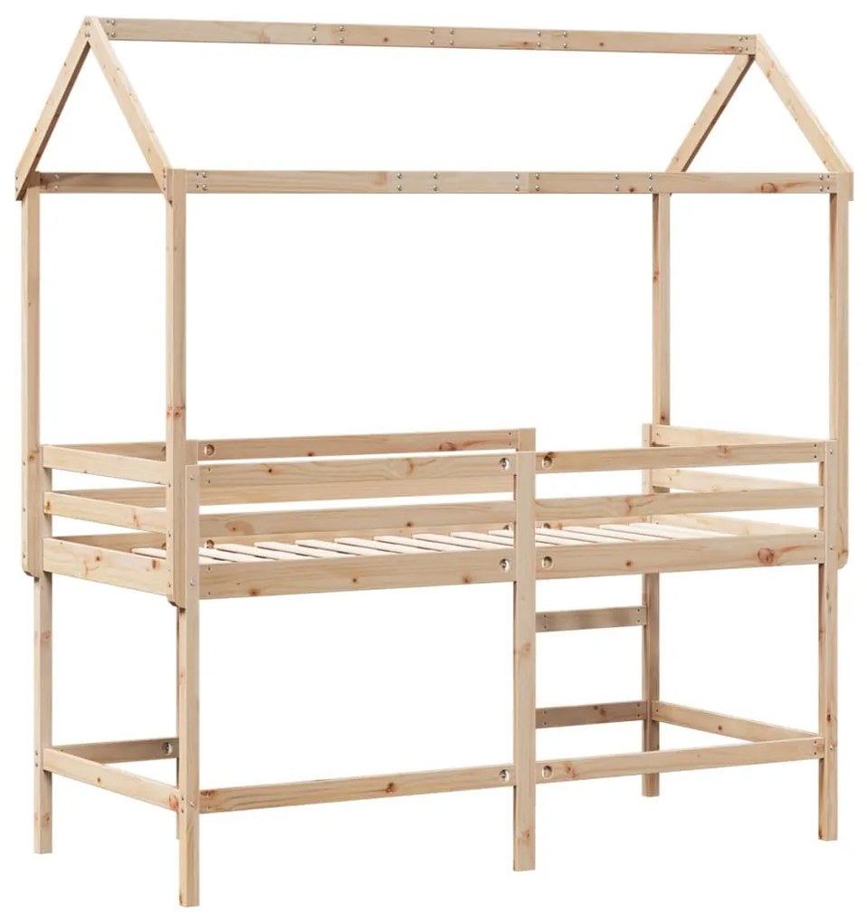 Cama alta c/ escada e telhado 80x200 cm pinho maciço