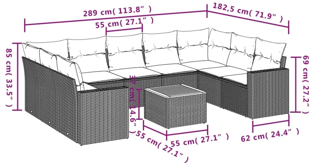 10 pcs conjunto sofás de jardim c/ almofadões vime PE preto