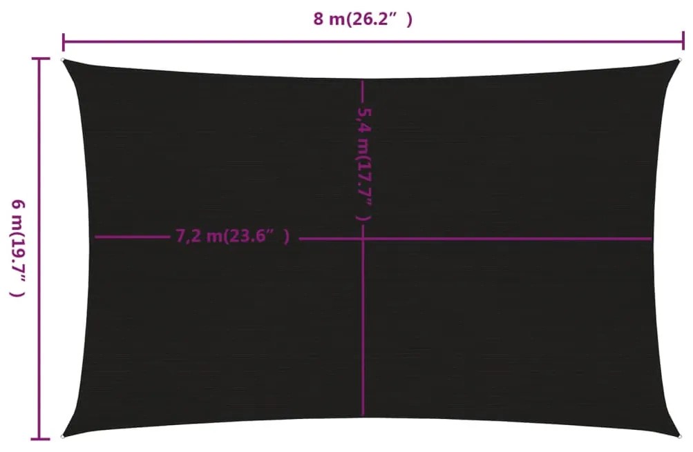 Para-sol estilo vela retangular 160 g/m² 6x8 m PEAD preto