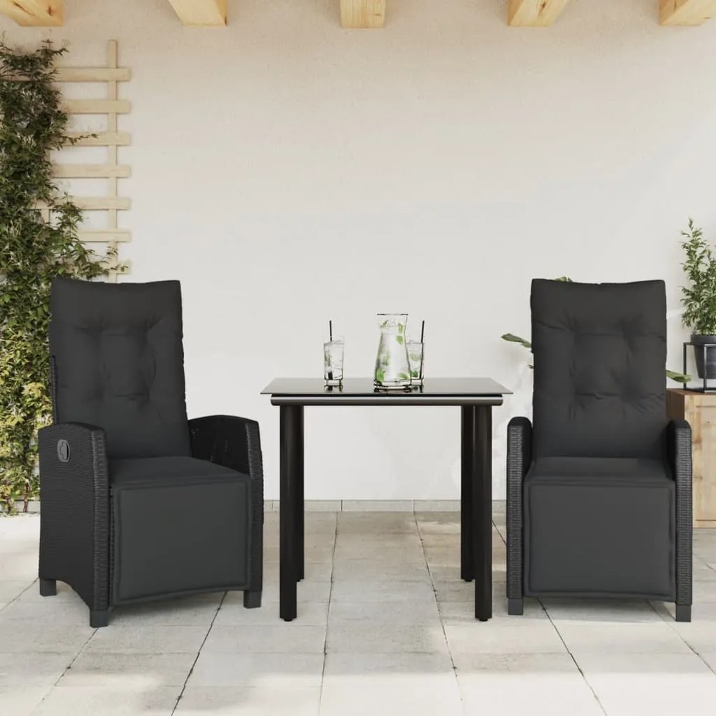 vidaXL 3 pcs conjunto de jantar p/ jardim c/ almofadões vime PE preto