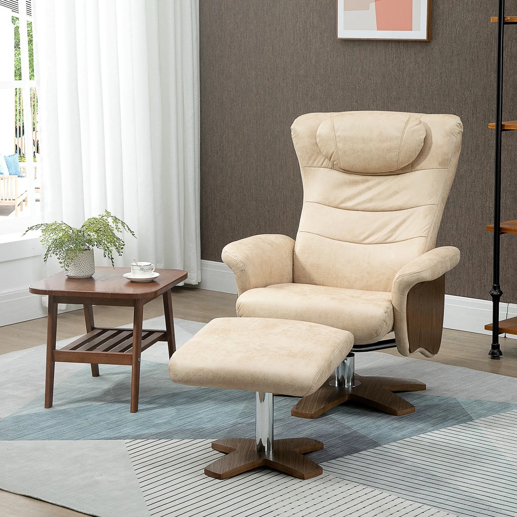 HOMCOM Poltrona Relax com Apoio para os Pés Poltrona Reclinável até 135° e Giratória 360° com Encosto Ajustável para Sala de Estar Escritório 78x83x103cm Bege