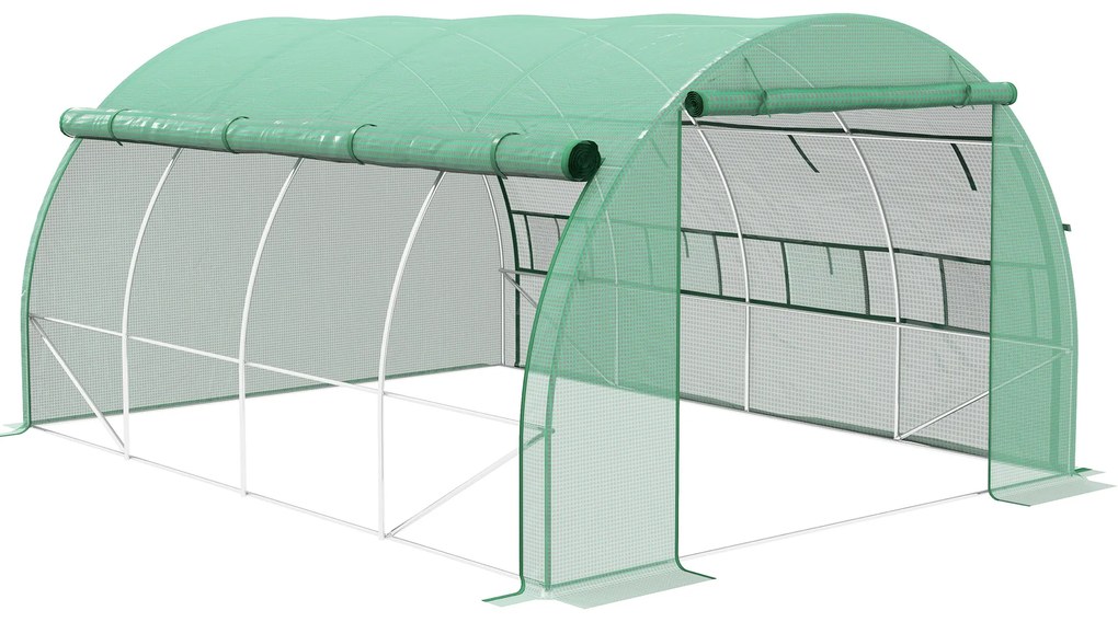 Outsunny Estufa de Túnel de Jardim 397x300x200 cm com Porta Lateriais e Janelas Enroláveis Cobertura de PE 140g/m² e Metal Galvanizado Verde