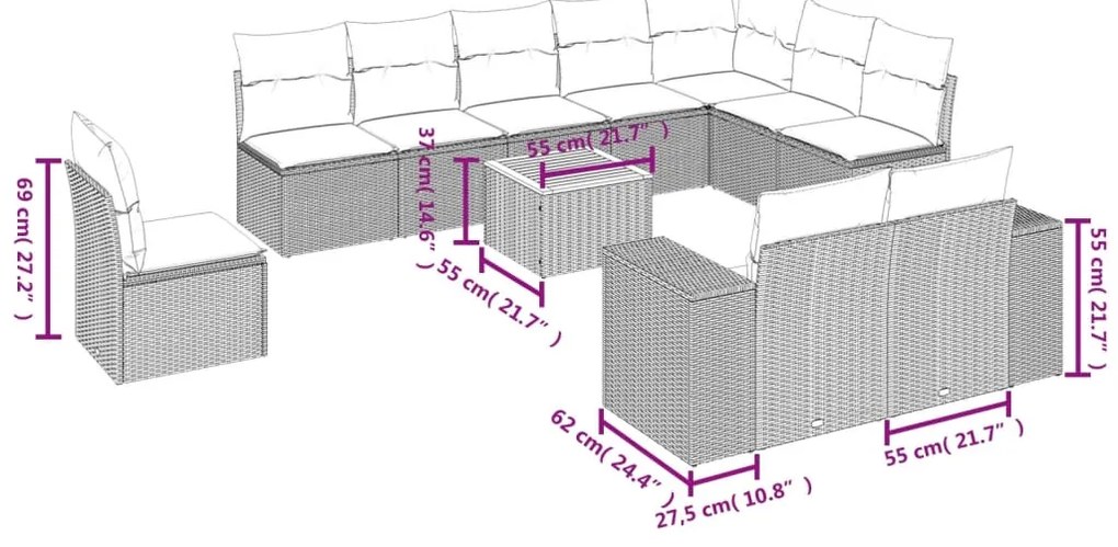 11 pcs conjunto sofás de jardim c/ almofadões vime PE cinzento
