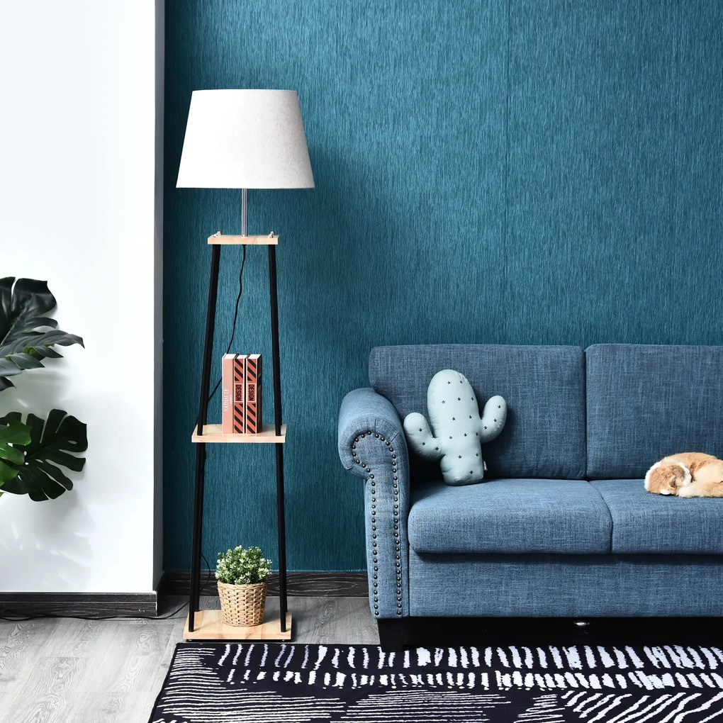 Candeeiro de pé de design contemporâneo, 40 x 40 x 160 cm, 40 W máx., 3 prateleiras integradas em madeira maciça de pinho, metal preto e linho bege e