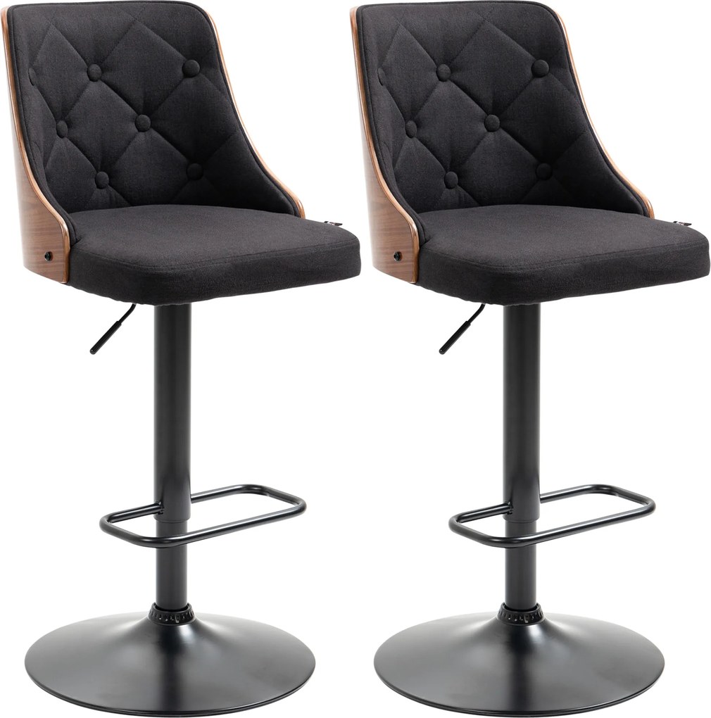 Conjunto de 2 bancos de bar com altura ajustável, giratórios a 360° e apoio para os pés, em tecido acolchoado Preto