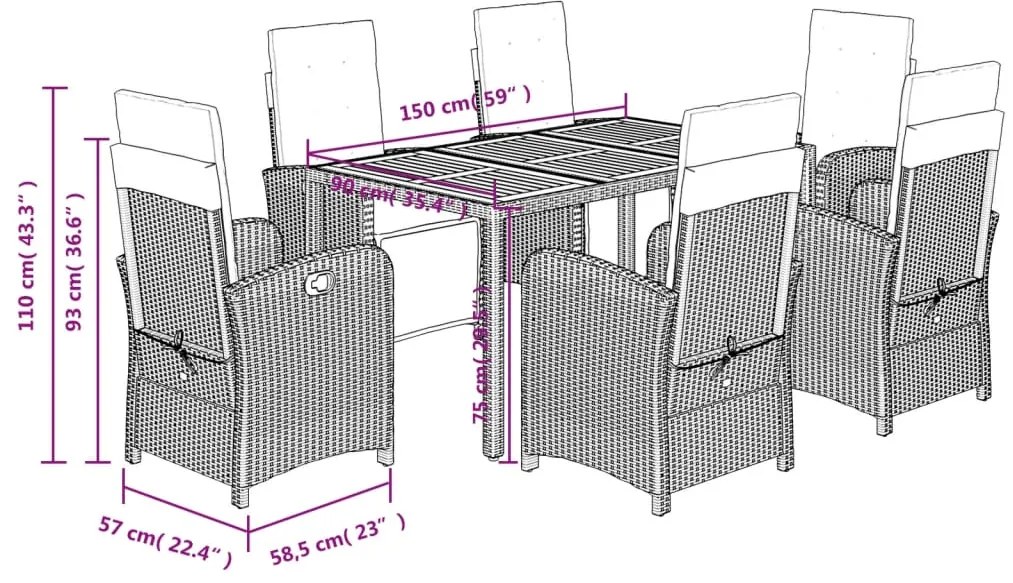 7 pcs conjunto de jantar p/ jardim c/ almofadões vime PE cinza