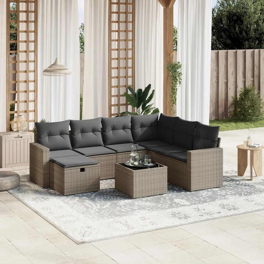 vidaXL 8 pcs conjunto sofás de jardim c/ almofadões vime PE cinzento