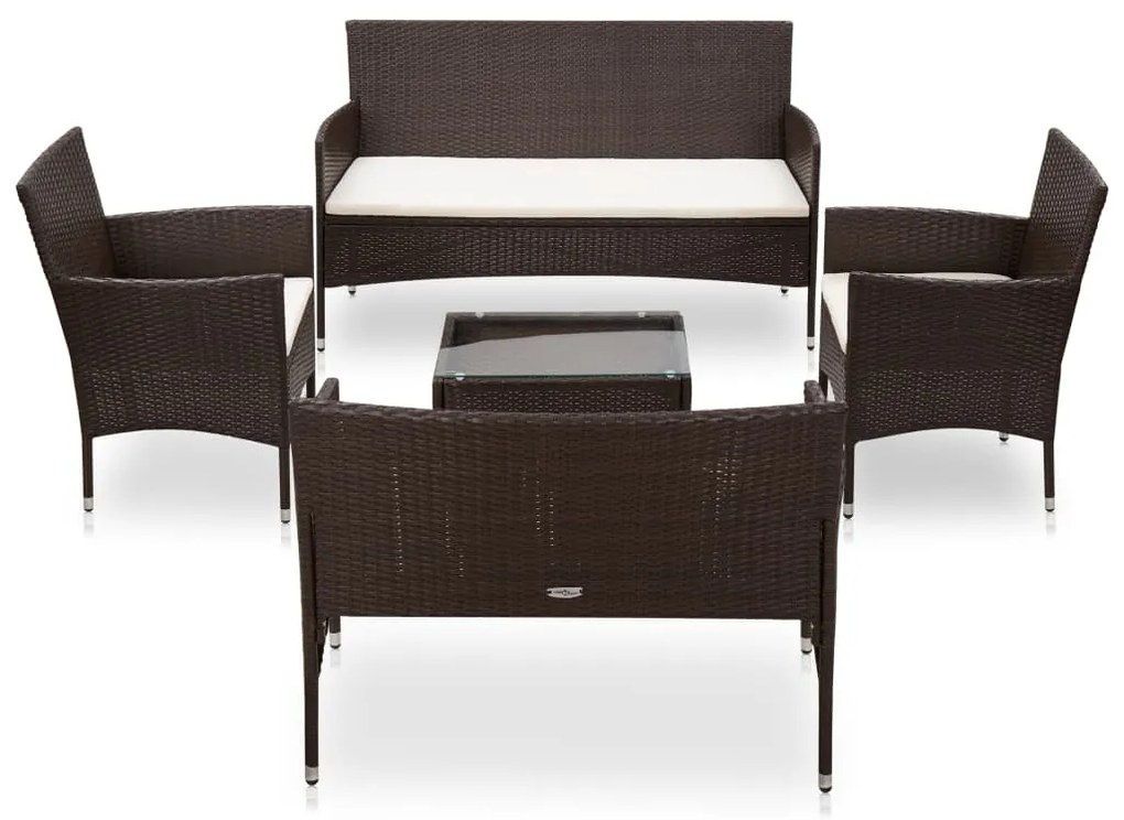 vidaXL 5 pcs conjunto lounge jardim c/ almofadões vime PE castanho
