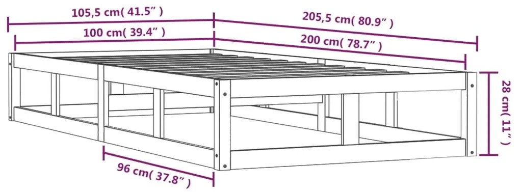 Estrutura de cama 100x200 cm madeira maciça castanho mel