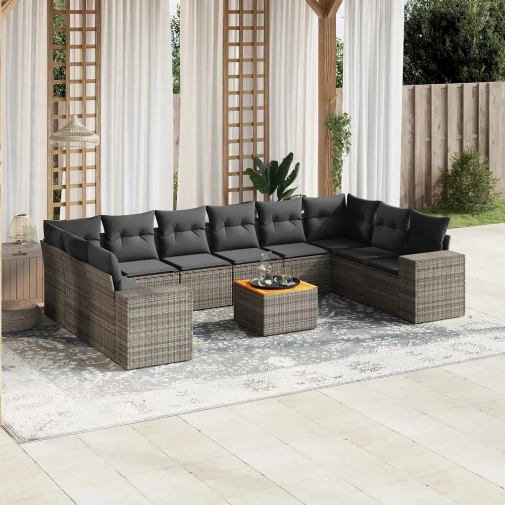 11 pcs conjunto sofás de jardim c/ almofadões vime PE cinzento