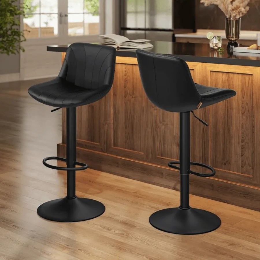 Conjunto 2 bancos bar com encosto e assento giratório 46,5 x 43 x (88-108) cm em couro sintético PU Pretos