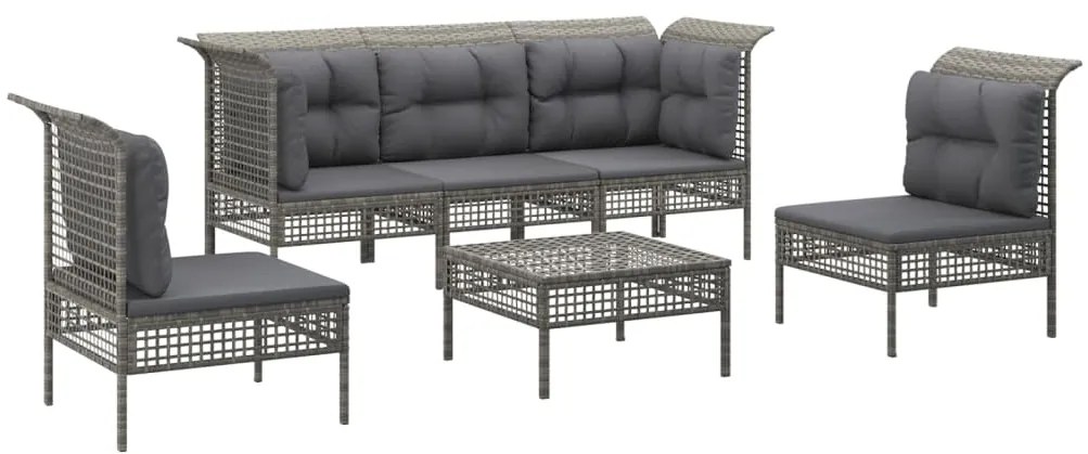 6 pcs conjunto lounge de jardim c/ almofadões vime PE cinzento
