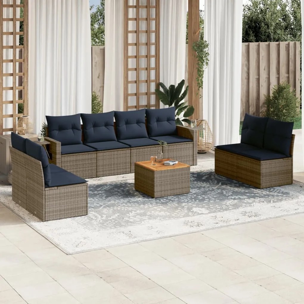 vidaXL 9 pcs conjunto sofás p/ jardim c/ almofadões vime PE cinzento