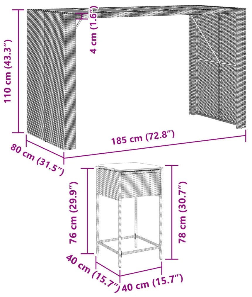 9 pcs conjunto de bar p/ jardim c/ almofadões vime PE cinzento