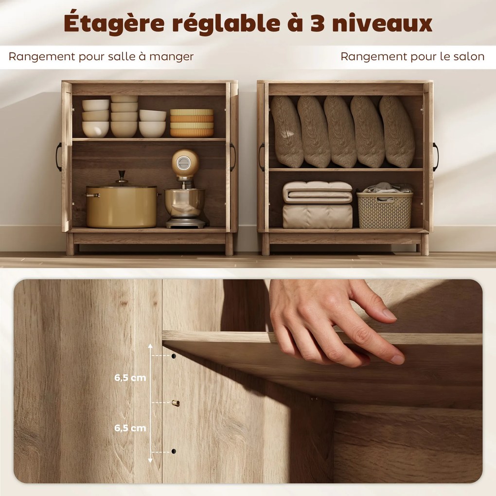 Aparador de sala 76 x 35 x 75,5 cm, móvel de arrumação com 2 portas em rattan, prateleira ajustável e cantos arredondados, cor carvalho