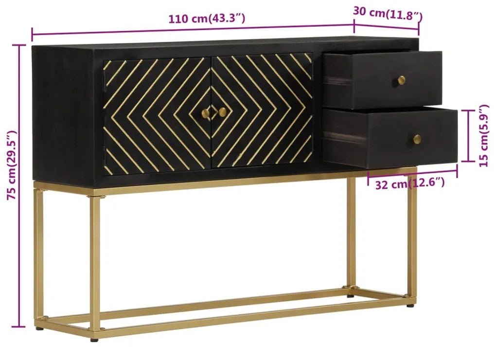 Aparador 110x30x75cm madeira de mangueira maciça preto/ dourado