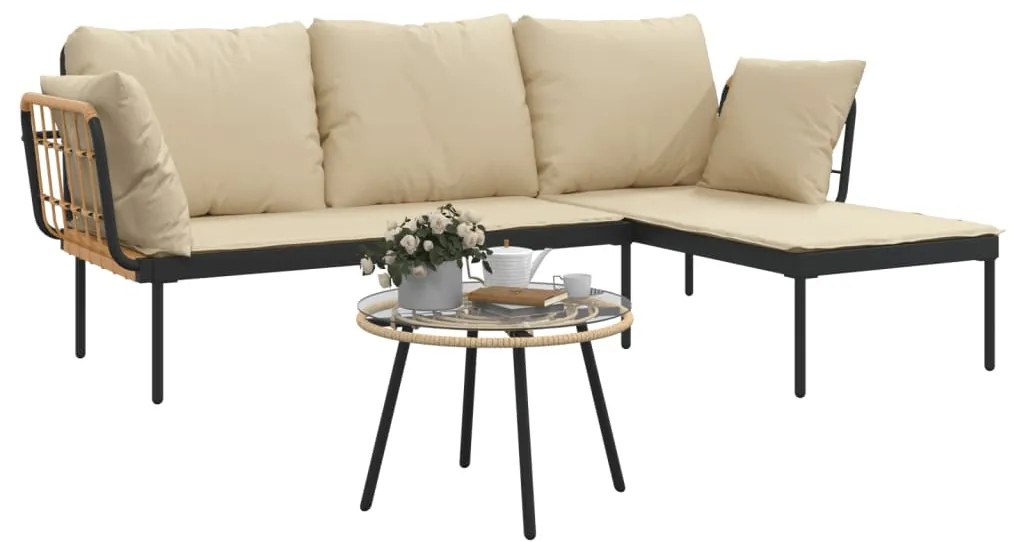 3 pcs conjunto lounge de jardim c/ almofadões beges vime PE
