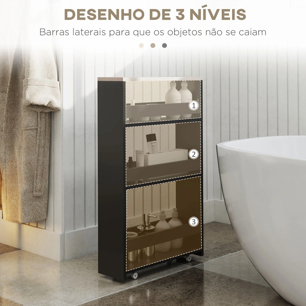 Estante de Armazenamento Casa de Banho de 3 Níveis Estante Estreita com Alça Lateral Estante com Rodas 48x15x80cm Preto