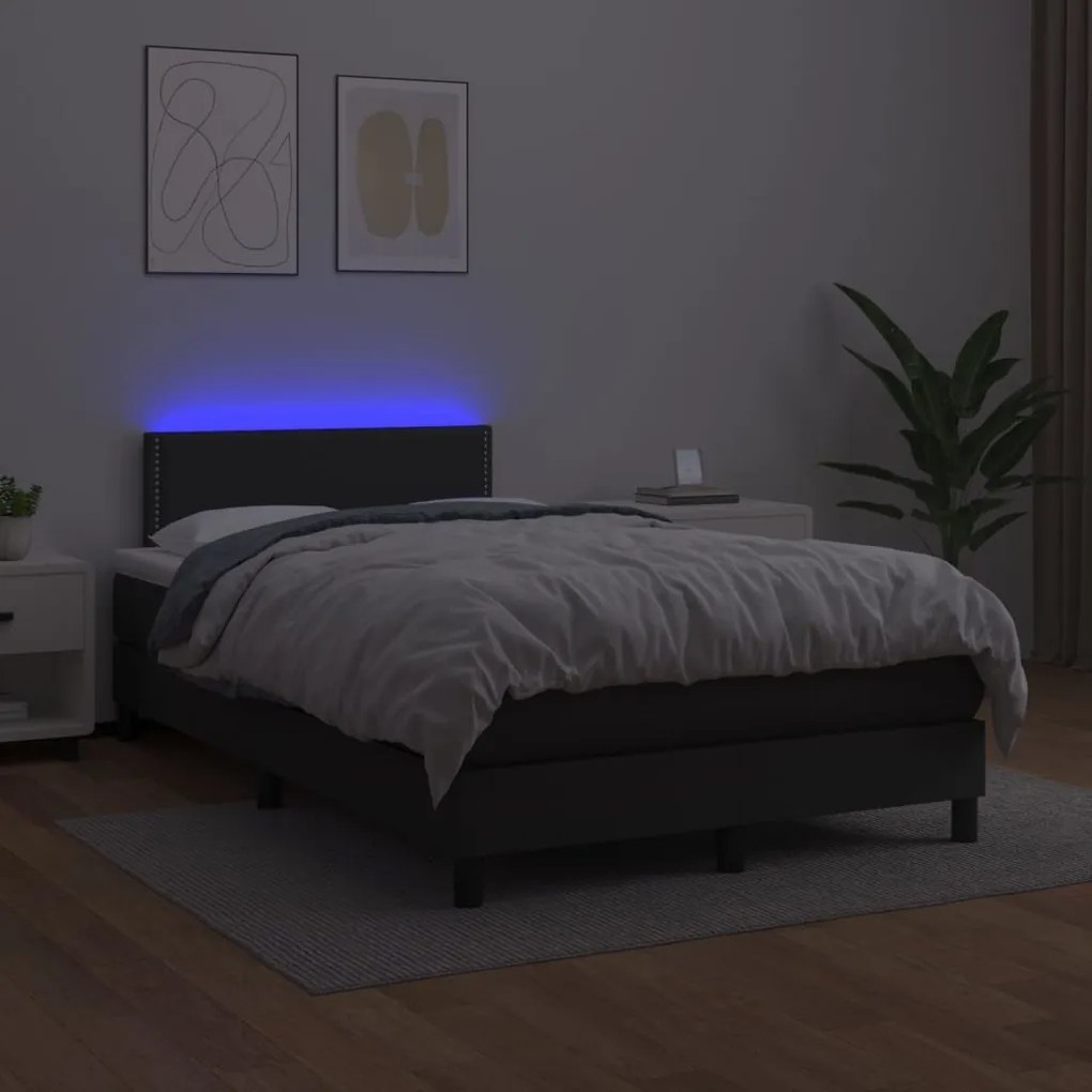 Cama box spring c/ colchão/LED 120x200cm couro artificial preto