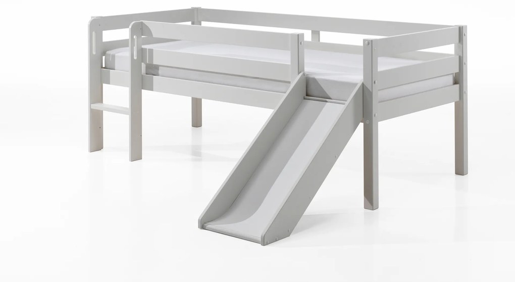 Conjunto Cama alta de Criança PINO 90 x 200 cm + estrado + escada + escorrega + conjunto de 2 gavetas Cinzenta