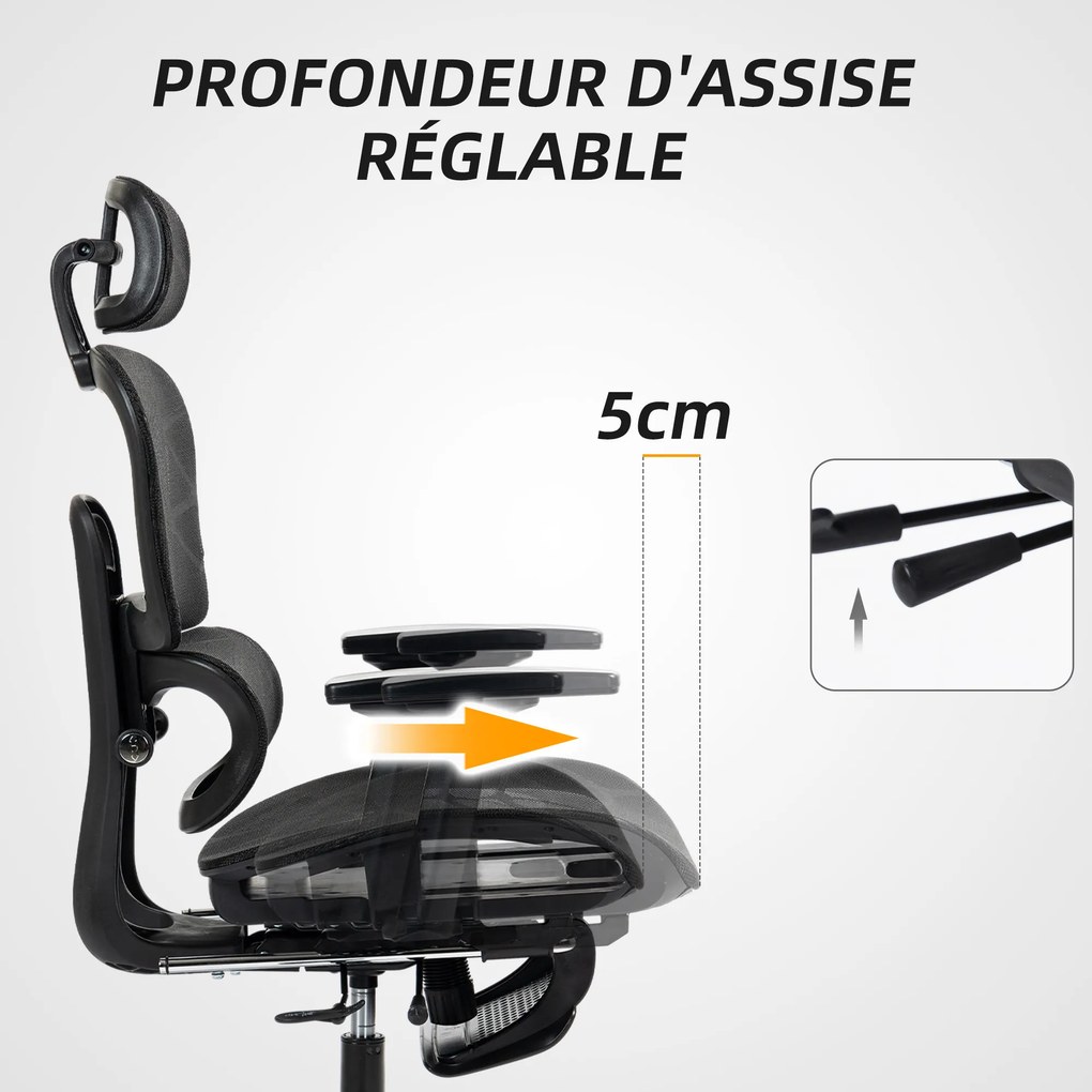 Cadeira de escritório, cadeira de escritório ergonómica em malha com braços 3D, encosto reclinável, 66 x 64 x 122 cm, preta