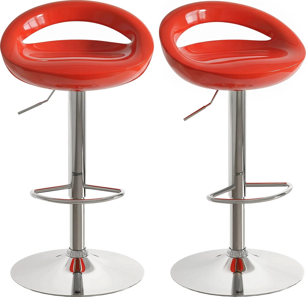 Conjunto de 2 bancos de bar com altura ajustável, encosto e apoio para os pés giratórios a 360°, 46x41x76-96 cm, vermelho