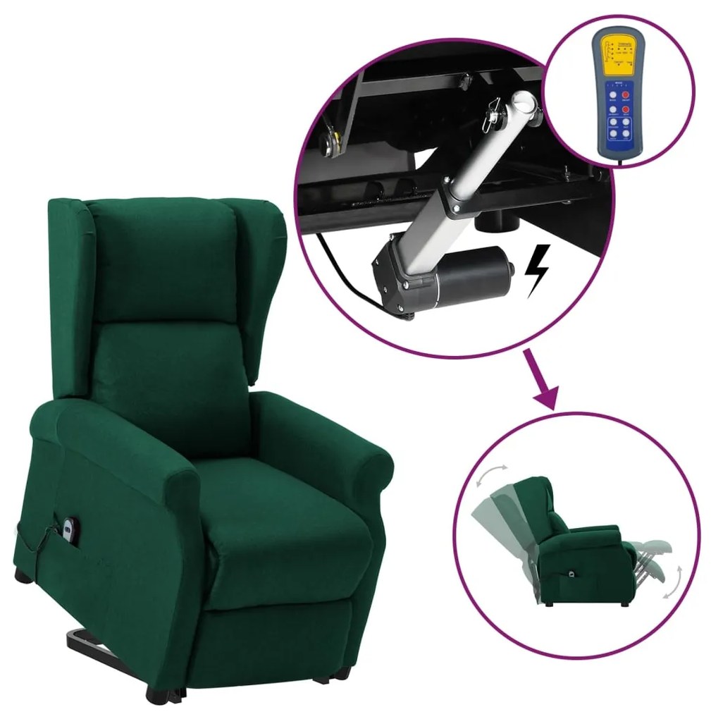 vidaXL Poltrona elevatória tecido verde-escuro