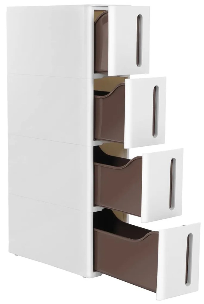 Gavetas de plástico SONGMICS, carrinho estreito com rodas, torre de armazenamento com 4 gavetas para banheiro e cozinha, economiza espaço, 45 x 17 x 83 cm, branco e marrom KFR08WT