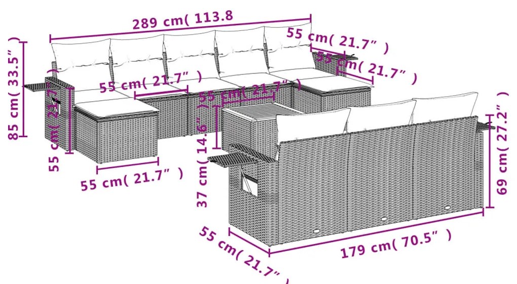 11 pcs conjunto sofás de jardim c/ almofadões vime PE cinzento