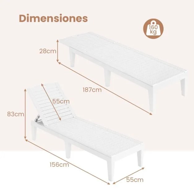 Conjunto de 2 espreguiçadeiras de Jardim 156 x 55 x 83 cm em PP com encosto ajustável em 4 posições Fácil montagem Branco