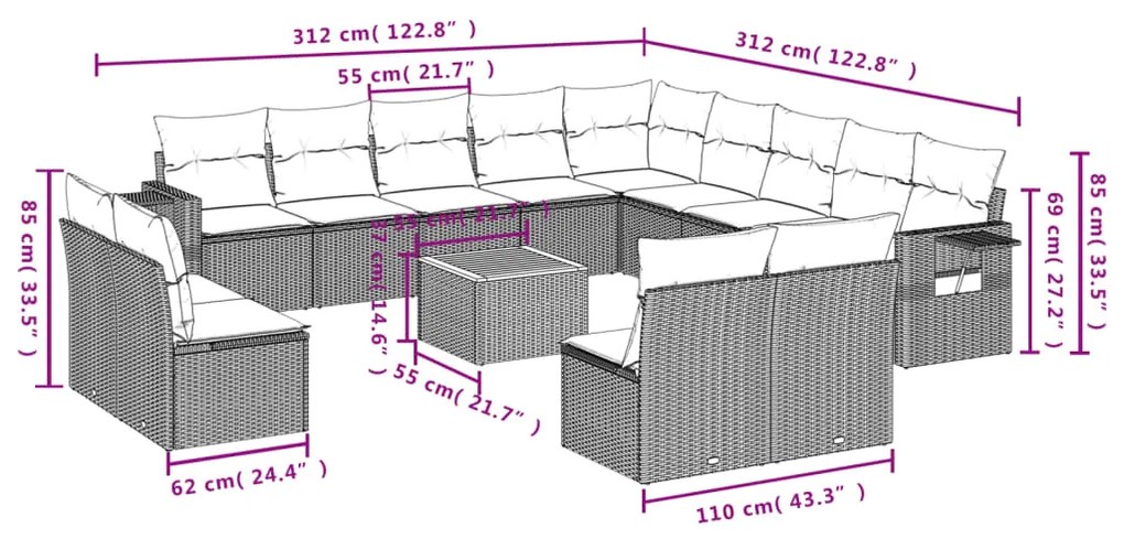 14 pcs conjunto de sofás p/ jardim com almofadões vime PE bege