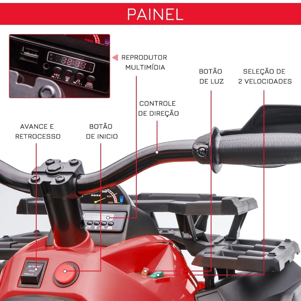 Moto 4 elétrica 12V para Crianças acima de 3 Anos com Farol Música Pneus de Suspensão Botões Avance e Retrocesso Veículo Elétrico a Bateria 100x65x73c