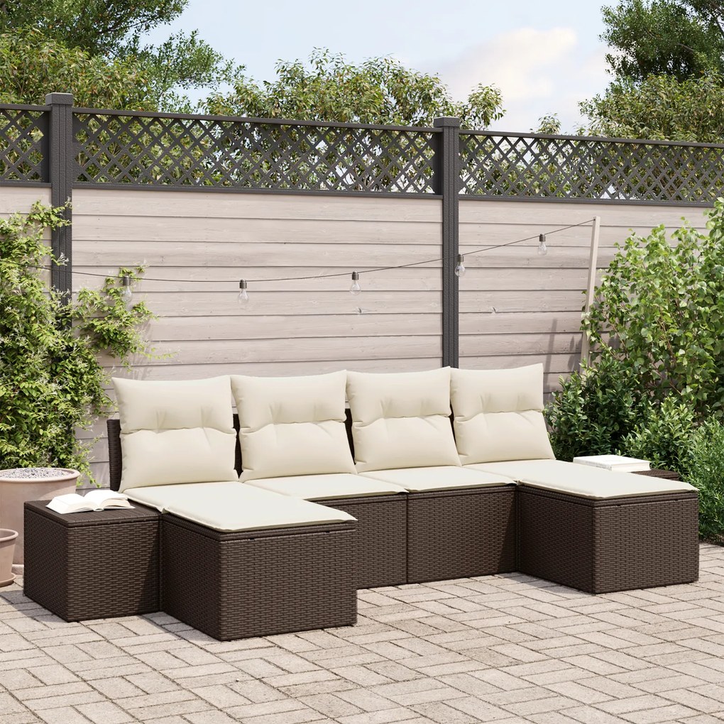 Conjunto de Sofás de Jardim 6 Peças com Almofadas Castanho Rattan Sint