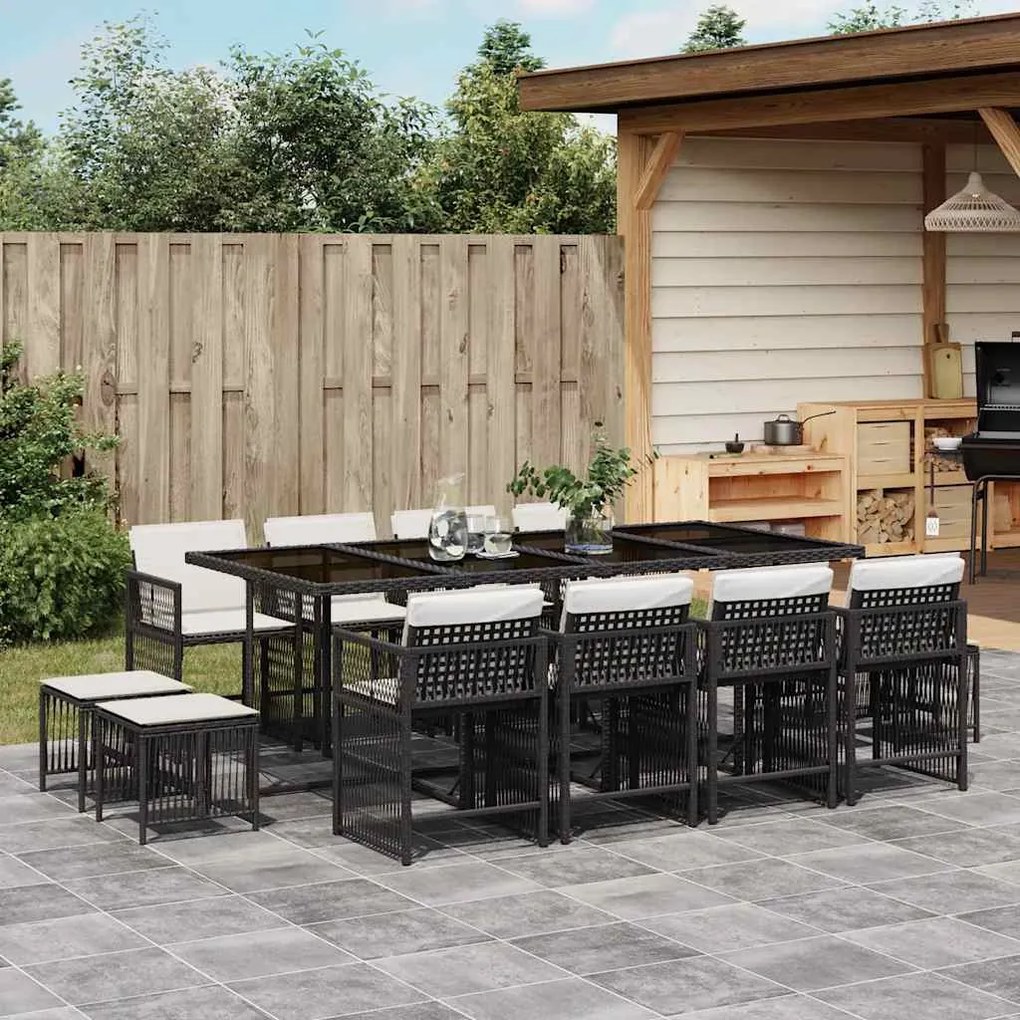 vidaXL 13 pcs conjunto de jantar p/jardim com almofadões vime PE preto