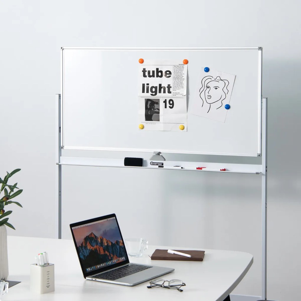 Quadro branco magnético de dupla face móvel Quadro de apagar a seco ajustável com 6 marcadores Apagador para escritório Escola 120 x 60 cm Branco