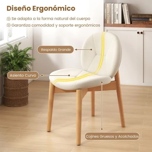 Conjunto de 2 cadeiras de jantar com pernas em madeira, assentos e encostos curvos acolchoados com espuma branca e natural