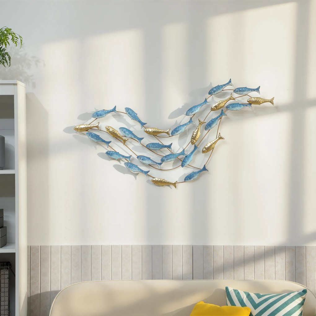 Decoração de parede moderna em metal, escultura de parede em metal com um motivo único de peixe, 100 x 50 cm, azul claro