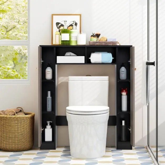 Estante sobre sanita de casa de banho 87,5 x 18 x 98 cm com 2 portas e 2 compartimentos abertos Preto e Castanho