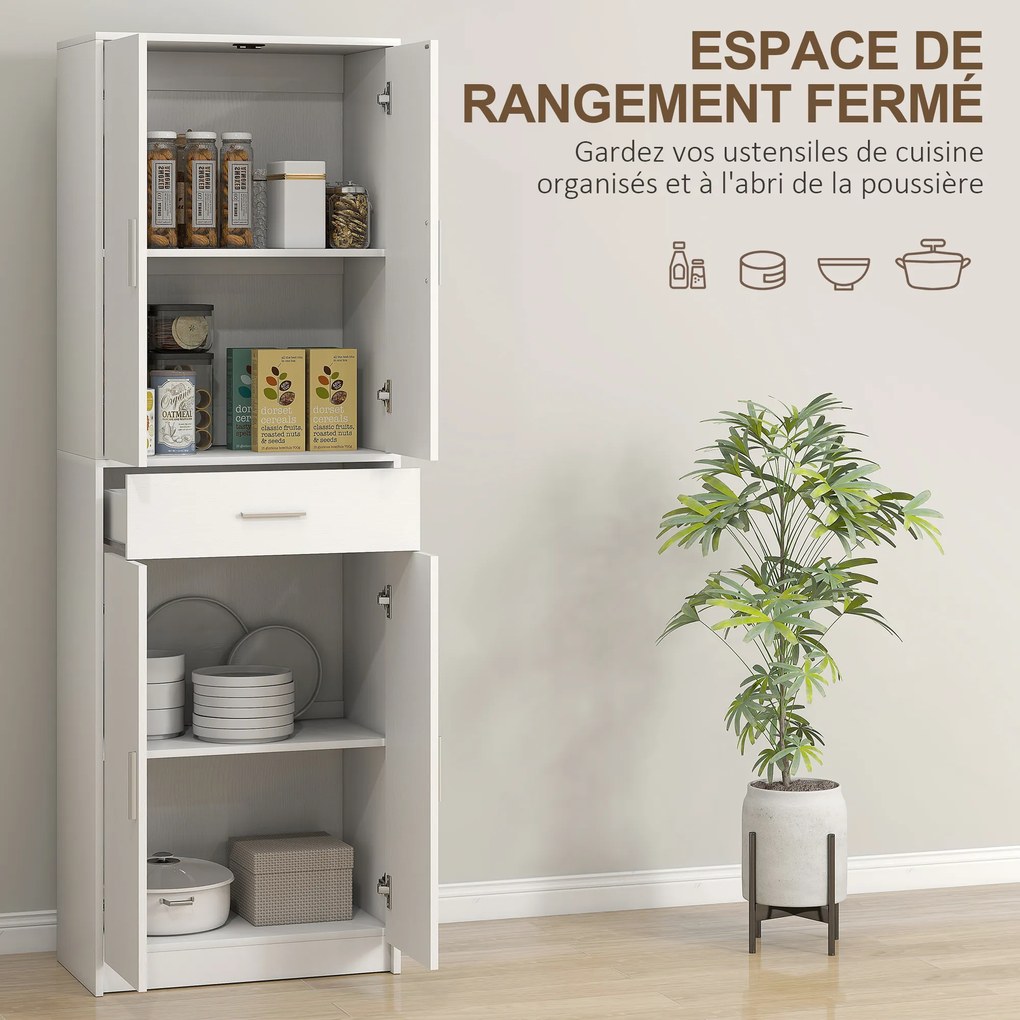 Armário de cozinha moderno com portas 60 x 35 x 180 cm, prateleiras ajustáveis e gaveta, branco