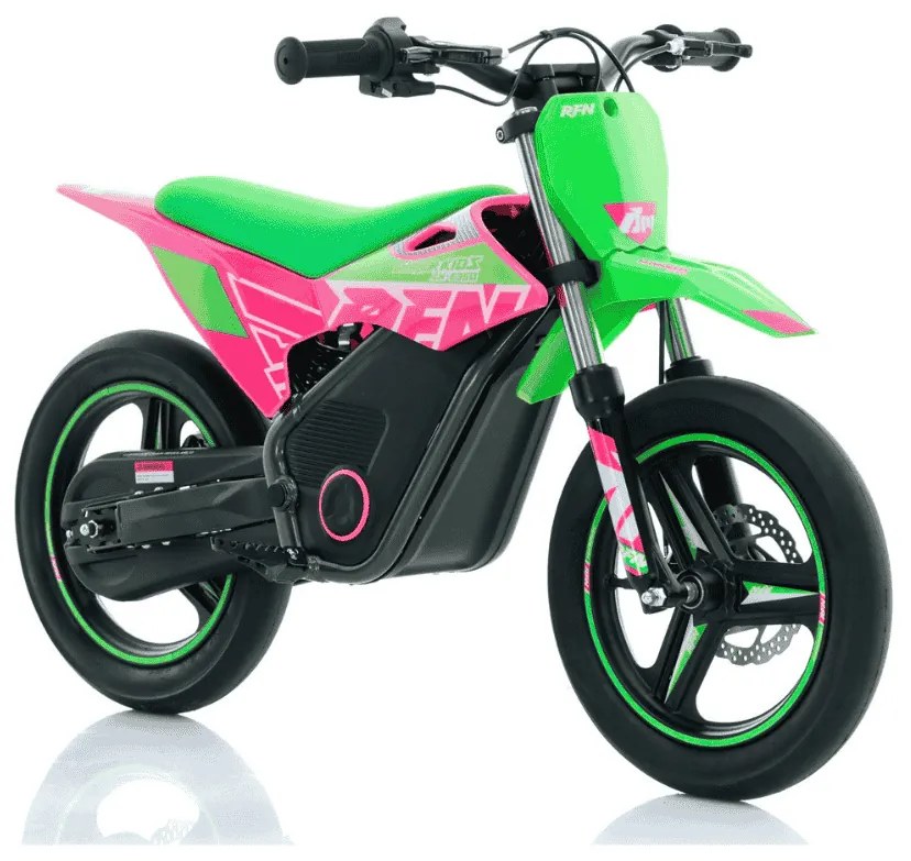 Mini moto elétrica para crianças velocidade até 30Km/h C/Limitador RFN SX-E350 WARRIOR 350W Supermotard 14/14” Verde e Rosa