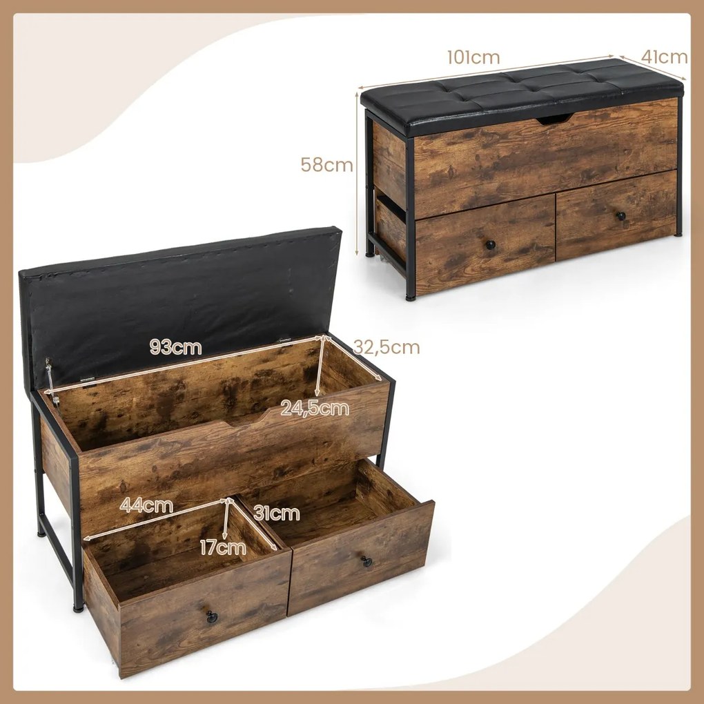 Banco de arrumação com tampa articulada e 2 gavetas para hall de entrada 101 x 41 x 58 cm castanho vintage