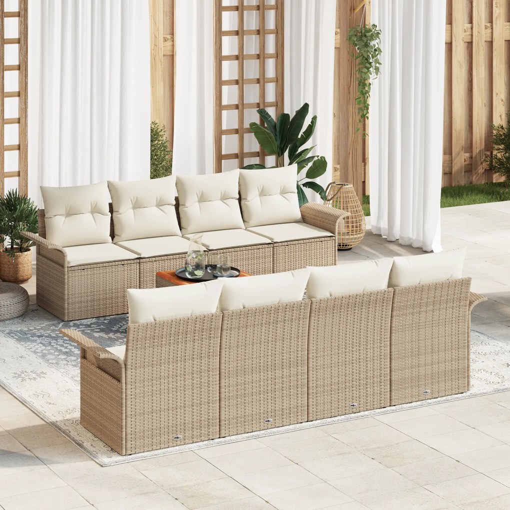 vidaXL Conjunto de Sofá de Jardim de 9 peças com Almofadas Bege Polirattan Acácia